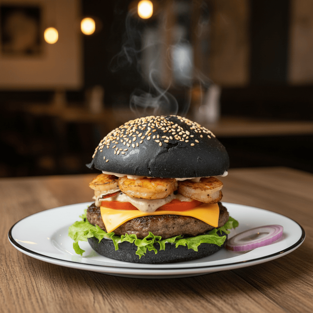 The Surf and Rail Express burger with grilled shrimp in Saskatoon, SK